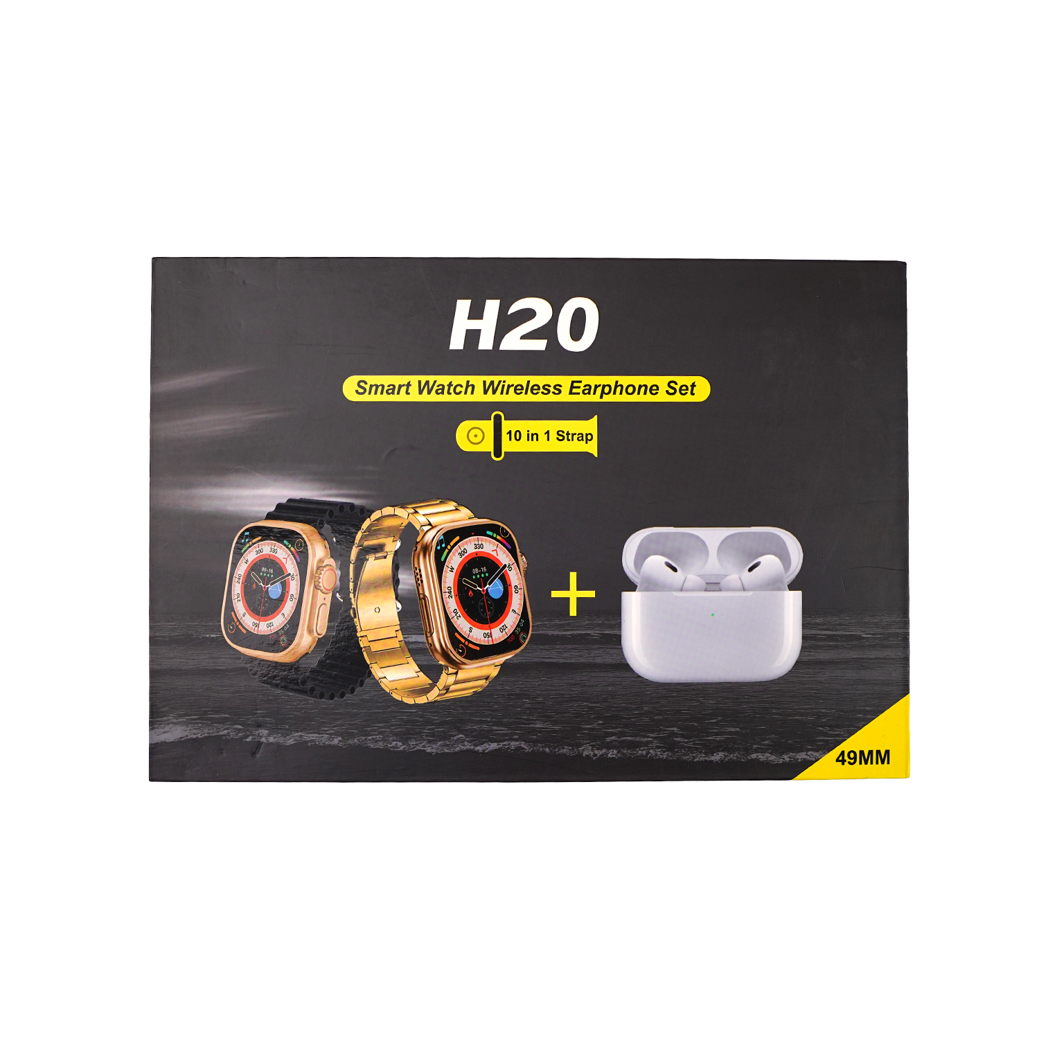H20 Smart Watch & Wireless Earphone Set – 49MM Gold Edition | 6-in-1 Strap Combo